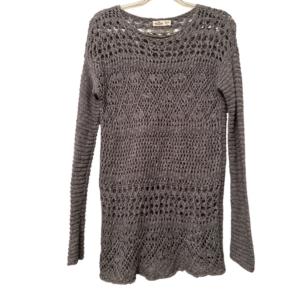 Hollister Grey Open Knit Crochet Pullover Sweater Womens‎ XS/S Long Sleeve Boho